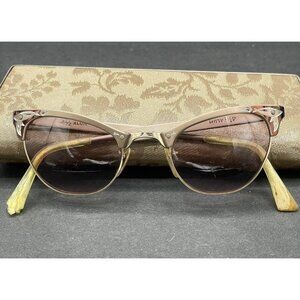 VTG Cat Eye Glasses Mid Century Gold Tone Ornate 1/10 12K GF 44 Alum With Case
